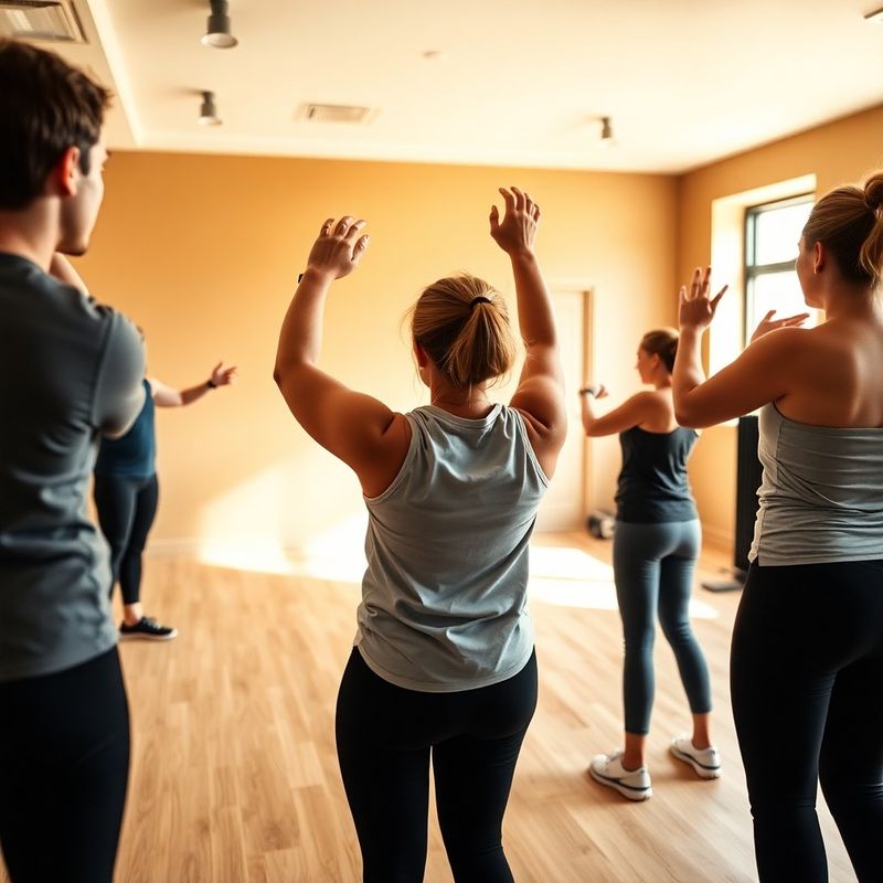Small group class with a coach demonstrating a movement at the front of a sand-olive studio