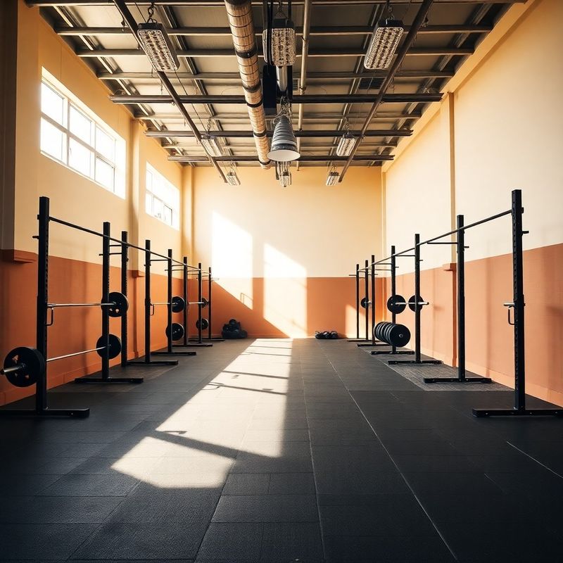 Empty coaching bay with barbell racks and rubber floor tiles in warm morning light